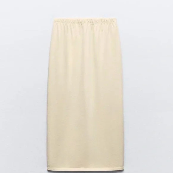 Zara NWT Butter Yellow thick 100% Cotton midi elastic waistband casual Skirt - Picture 4 of 5